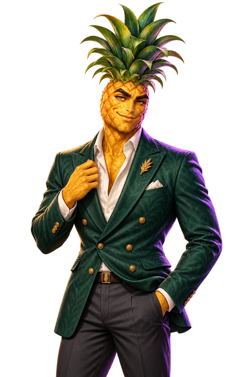 Pip, a confident adult-coded pineapple gentleman in a dark jade tailored jacket with gold details