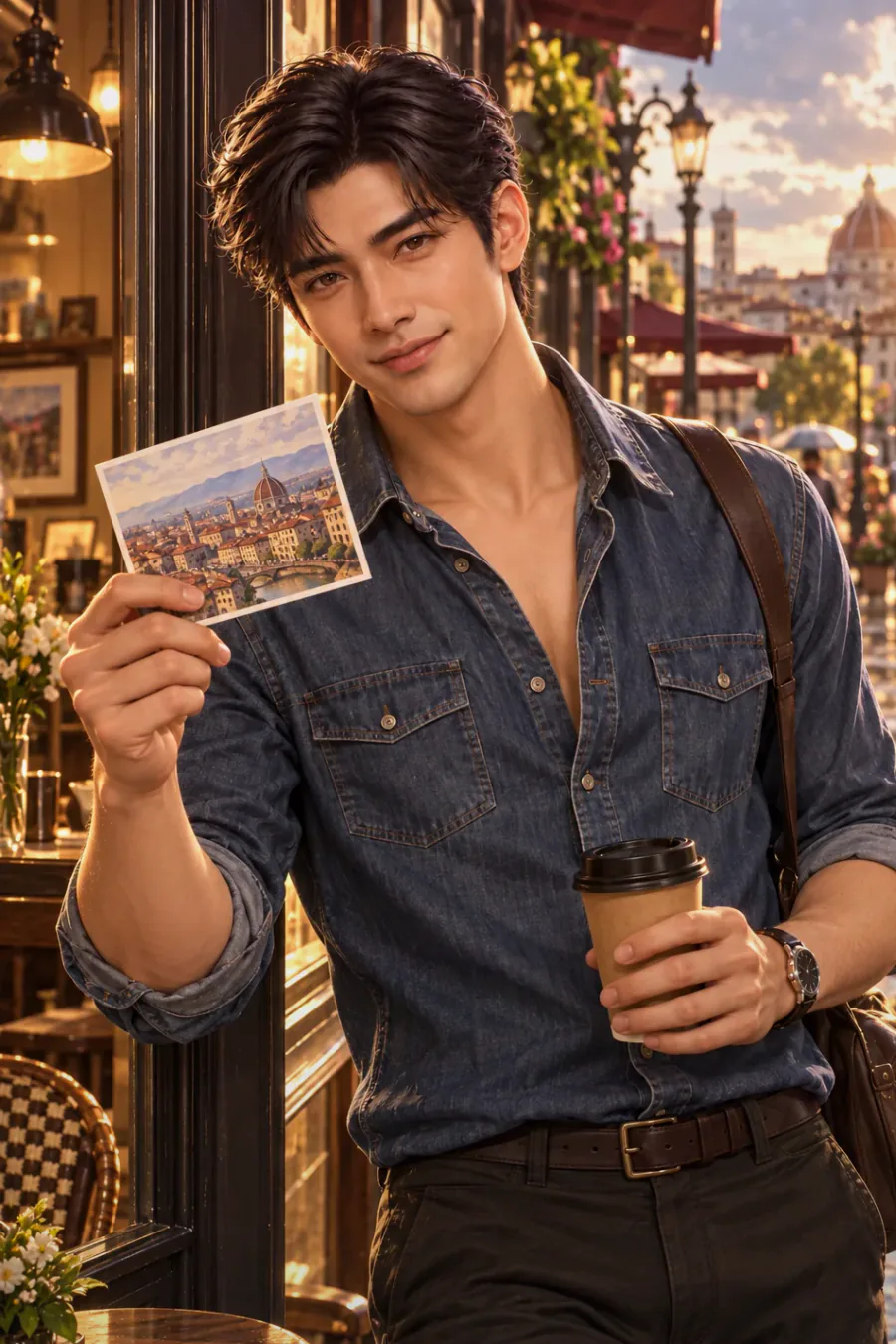Coffee at the table: A server comes to the table. You point to the coffee on the menu. The server asks, 'Small or large?' Leo shows you his small cup.