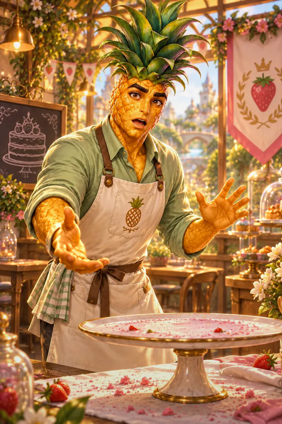 Pip's café: Mira takes you to a little café next to the orchard park. It smells of warm bread and sweet fruit. Behind the counter stands Pip, a cheerful pineapple in a jade jacket. Yes, a talking pineapple! In Port Aster, this is normal. Mira laughs at your face. “Order something,” she says. “I have twenty minutes before work.”