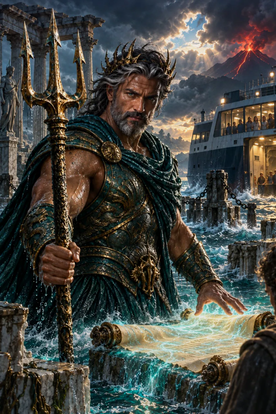 The promise on the seabed: Poseidon reveals that the ferry company dumped fuel above a sacred reef. The captain denies knowing, but the tide carries an oil-black feather to your feet.