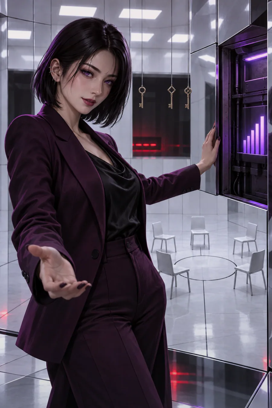 The rule that changes: When nobody grabs a key, the timer pauses. You notice that Nyx said four may leave, but never said the hanging keys open the door. One stranger still wants to force a vote.