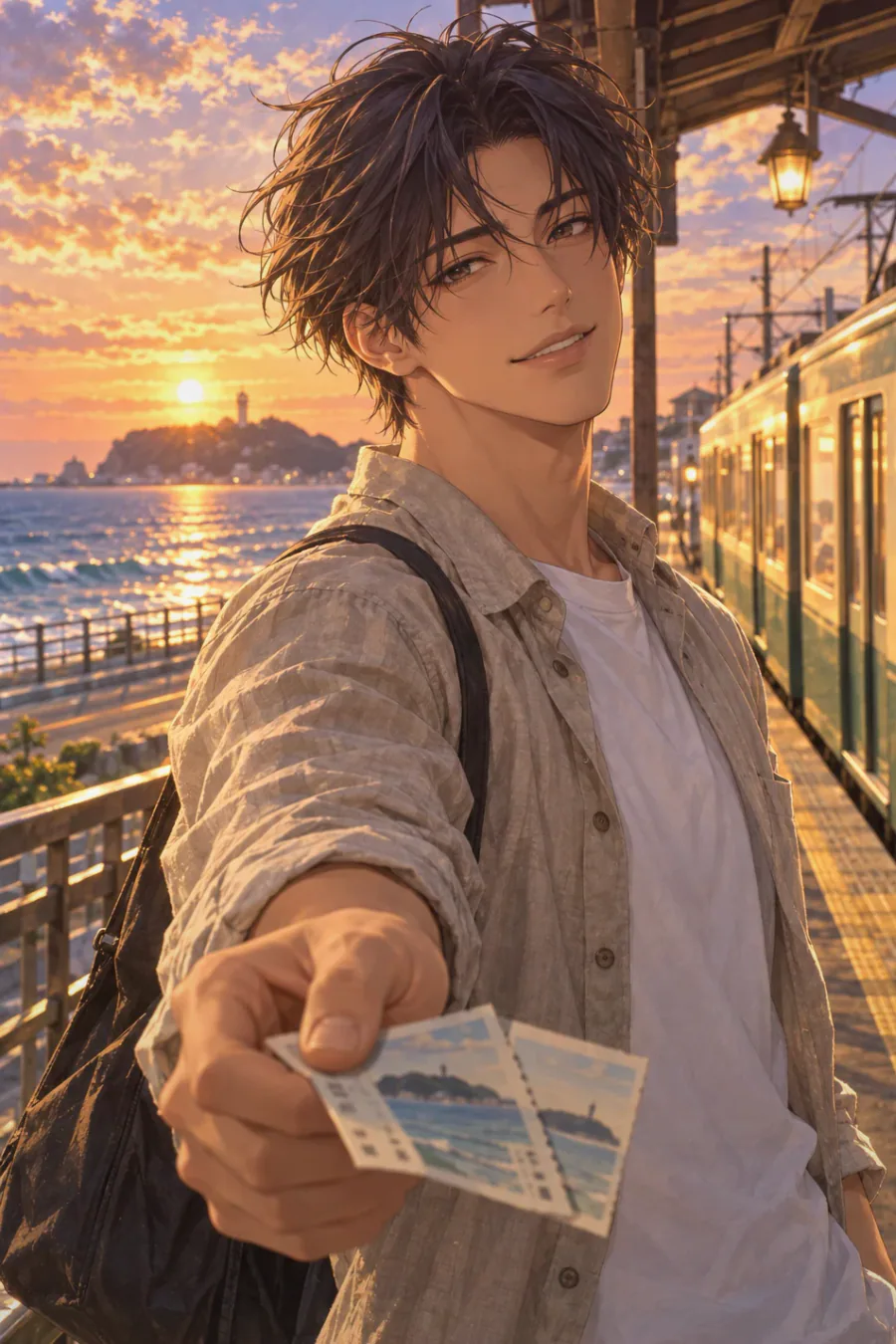 A space remains in the frame: Riku studies the careful distance in a formal seaside graduation photograph
