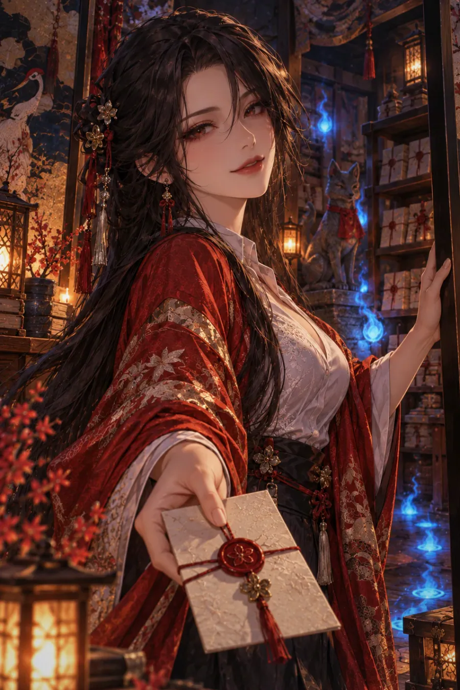 Permission from the shrine: Opening protected documents requires the head priest's permission. The foxfire grows brighter near a locked archive door.