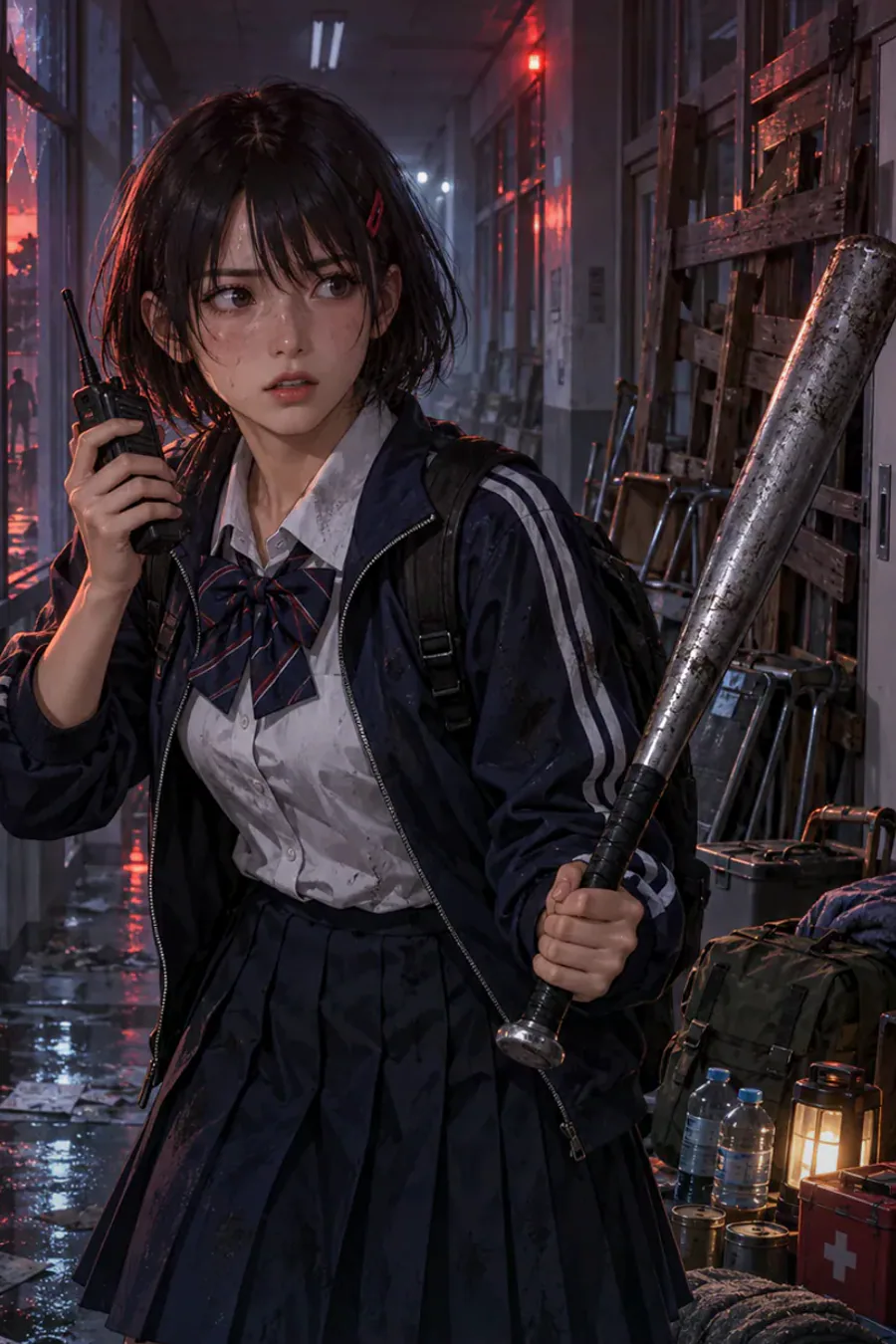 A radio with no voice: Ken, a drama-club student, answers and shows his school card through the wired glass. He joins you on the roof, but the radio battery is flat. His sound kit holds a charged spare with a different connector.