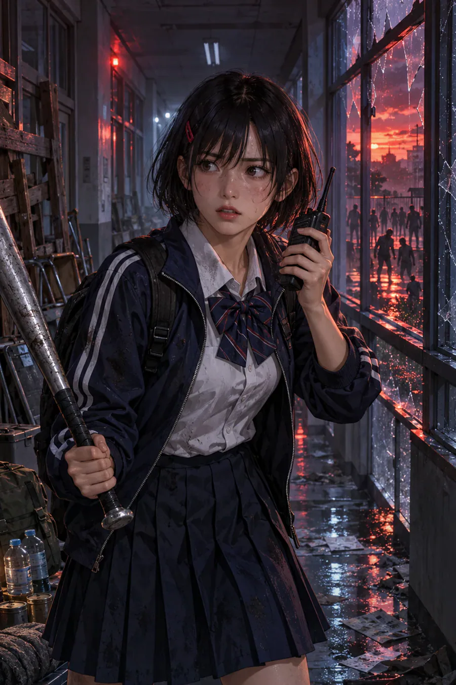 The hand behind the fire door: The west stairwell door shakes. Aiko reaches for the handle, then spots a school shoe beneath it. Someone inside taps twice, pauses, and taps twice again. Opening the door without a plan could expose everyone behind you.