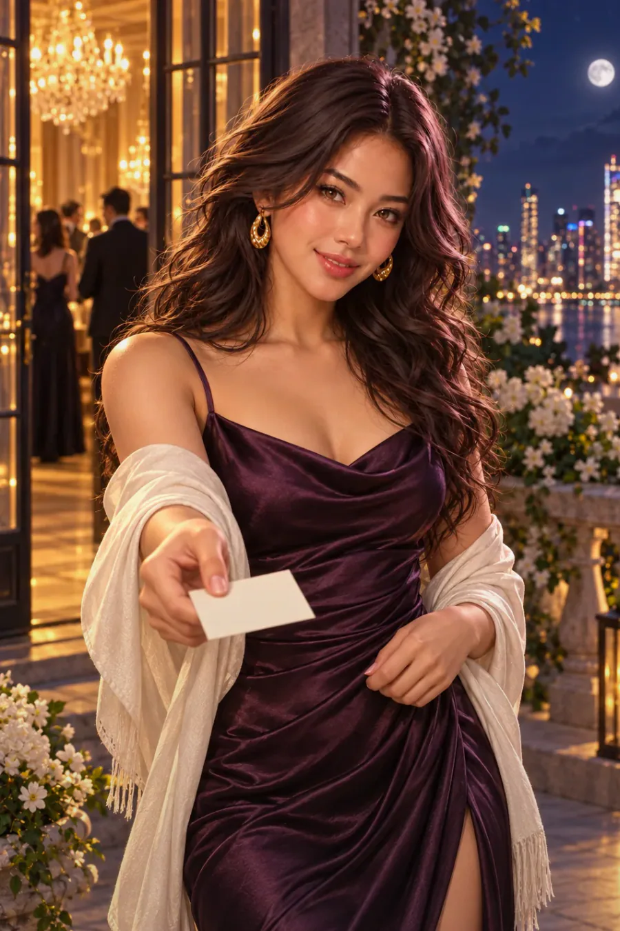 On the marble floor: You take the floor together as the music turns soft. Mira moves close, her eyes bright, matching every step you make. For a moment the whole loud gala seems to fade, and there is only the music and her smile.