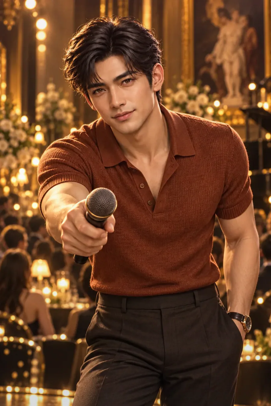 Behind the curtain: Behind the heavy velvet, the noise of the ball fades to a hush. The masked man is here, close enough to touch, the final card resting in his hand. His voice drops low and warm. Only a thin silk mask stands between you and the truth.