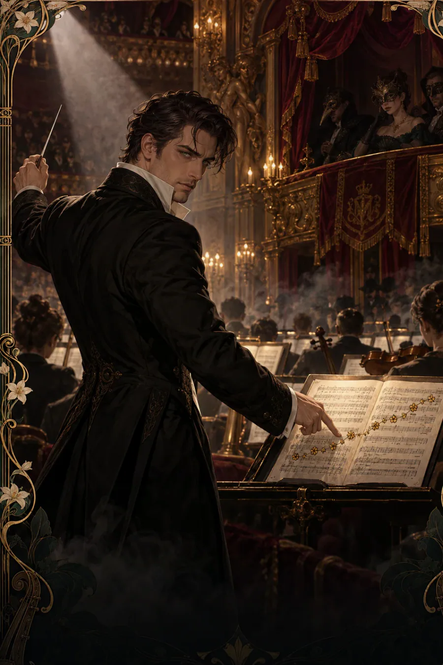 A message in perfume: A singer's mirror carries the same rhythm in perfume dots. The final dot points toward the royal box, where three masked patrons have arrived early.