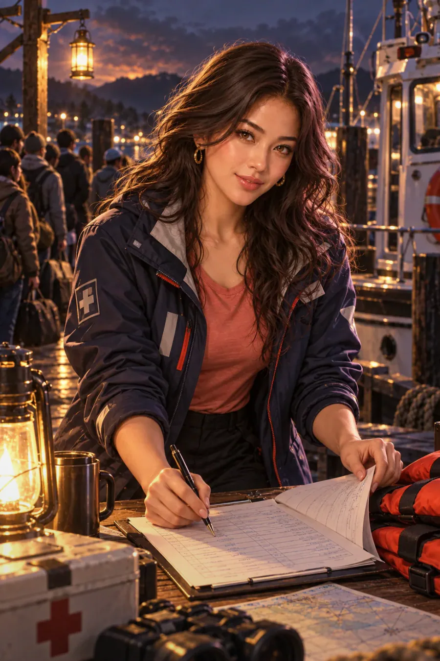 Gold or the logbook: Inside the flooded cargo hold, a heavy chest glints with gold coins in your torchlight. Right beside it rests the captain's sealed logbook, swollen with seawater and secrets. Mira taps her gauge: there is only air enough to carry one of them up.
