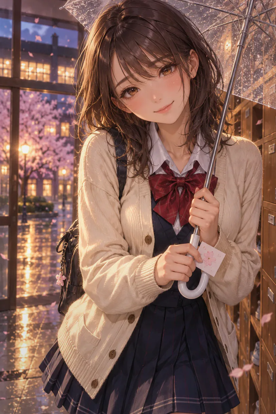 Choose the safer walk: The rain becomes lighter. Mio points to a covered path beside the station road. It is a little longer, but it has lights and a clear sidewalk.