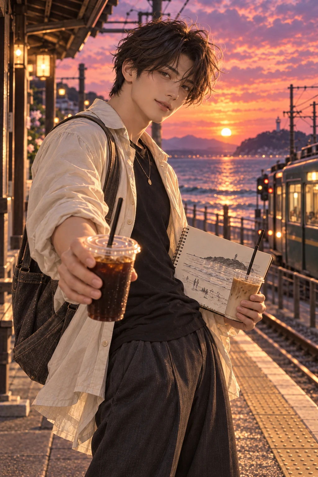 Tomorrow on the timetable: Haru shares a seaside sunset and tomorrow's plan on a quiet Japanese station platform
