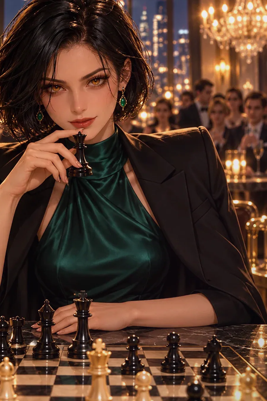 Celeste, a magnetic adult chess grandmaster in sculptural evening wear, places a black queen between two glasses