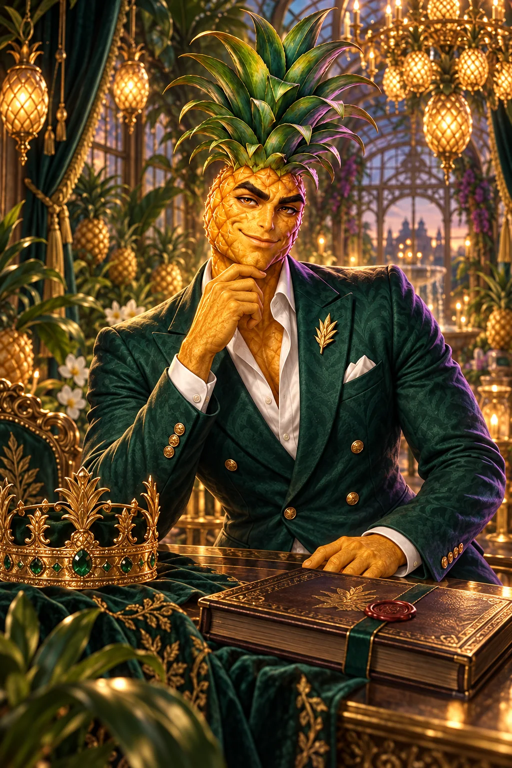 Pip in jade evening tailoring beside a crown and ledger in the royal glasshouse