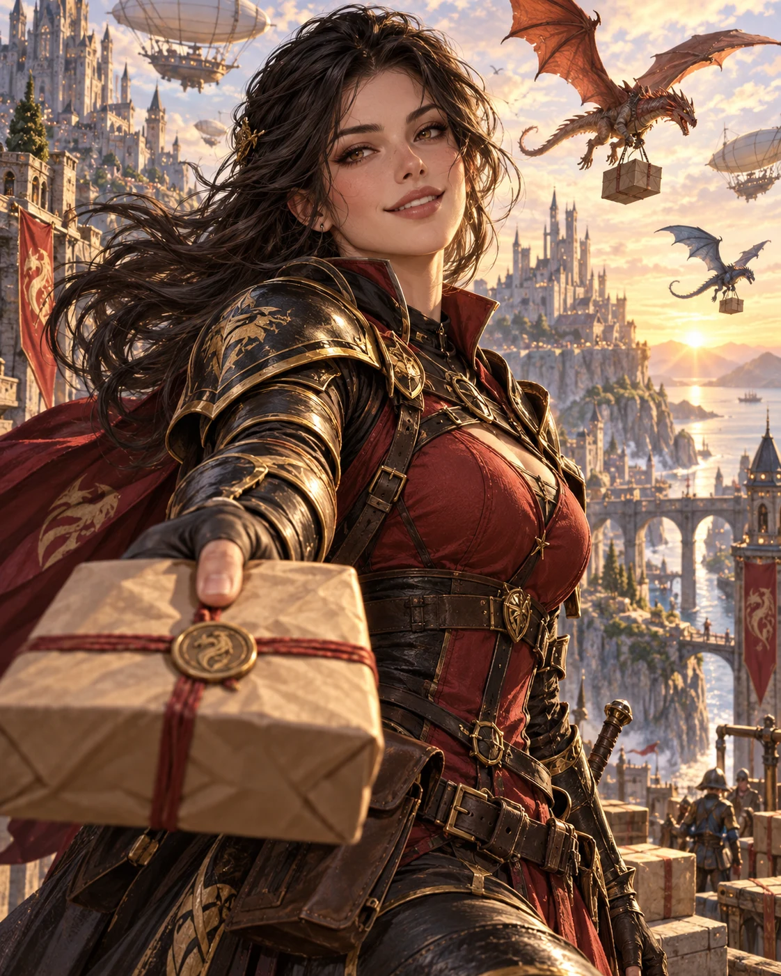 Selene, a charismatic adult knight-courier, offers a sealed parcel above a dragon-filled cliff city at sunrise