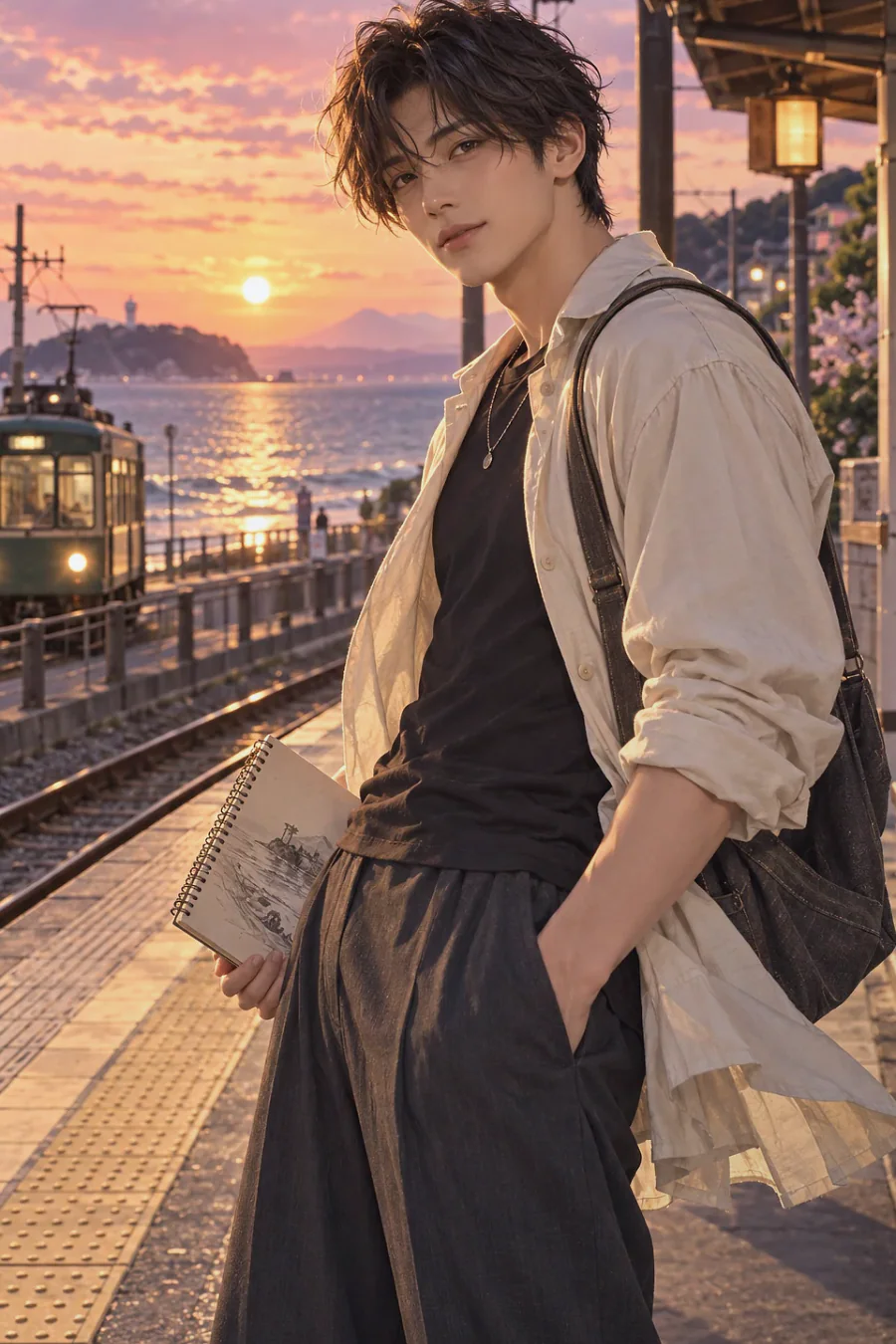 Haru, a stylish adult Japanese illustrator, unlocks a private coastal gallery after hours