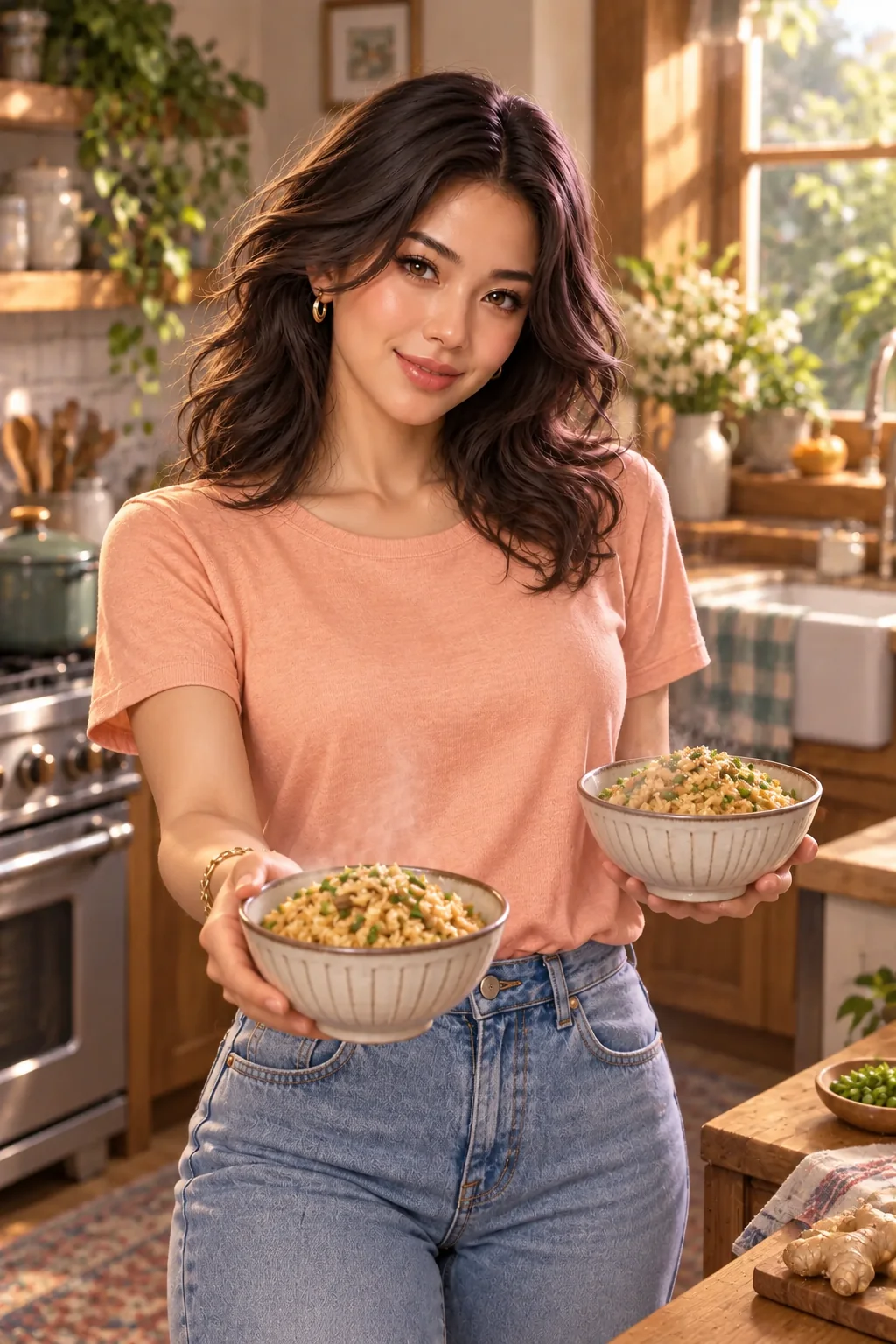 Mira in a peach knit top and light-blue jeans welcomes you with ginger rice