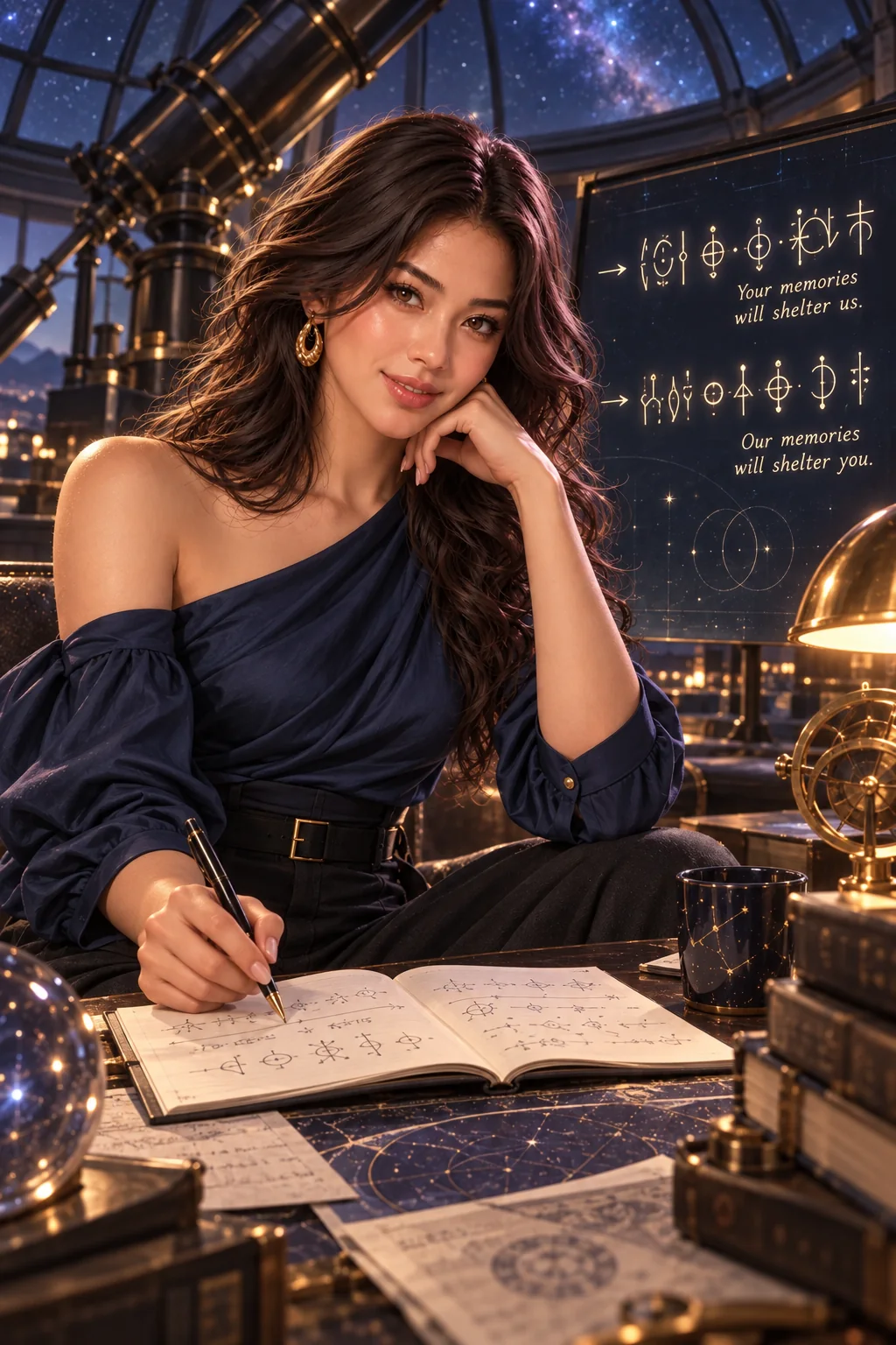 The courtesy of uncertainty: Mira in a midnight-blue blouse compares two translations of the stellar message