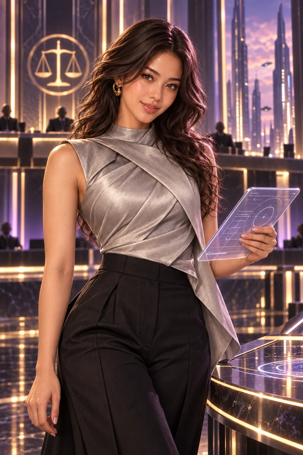 The condition outside the catalogue frame: Mira in a silver asymmetric top questions the memory auction at the glowing tribunal