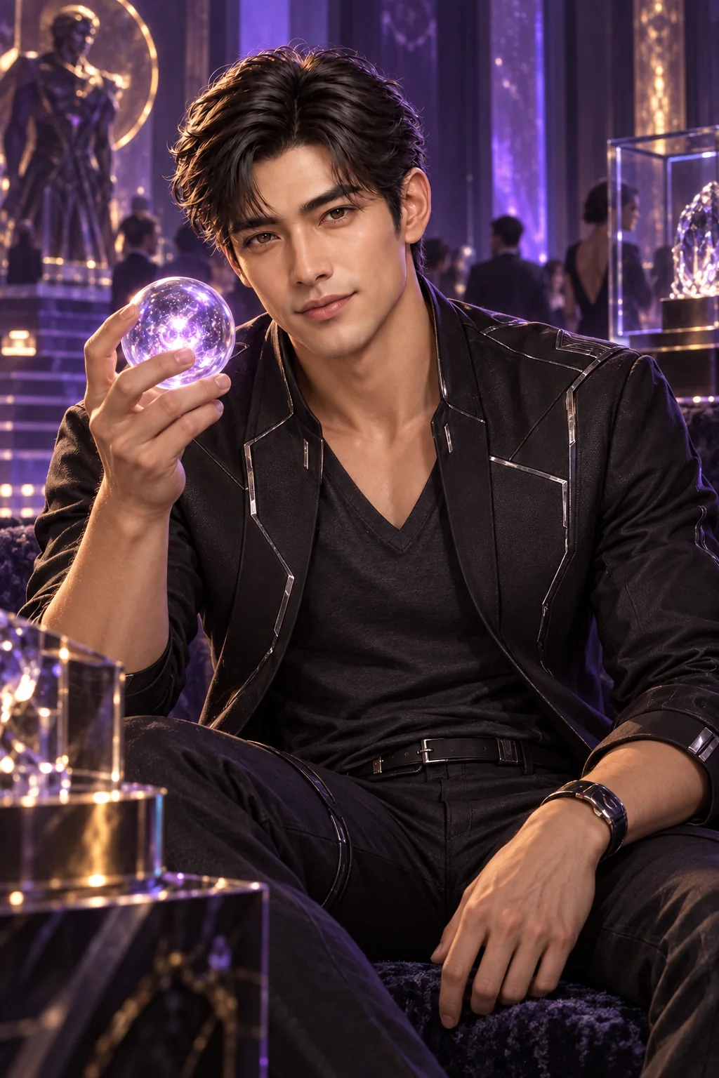 Leo in a black technical jacket holds a glowing memory sphere inside the violet auction room