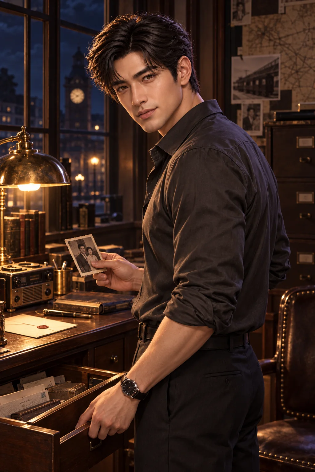 The key Leo kept carrying: Leo in a charcoal open-collar shirt reveals a photograph in the midnight station office