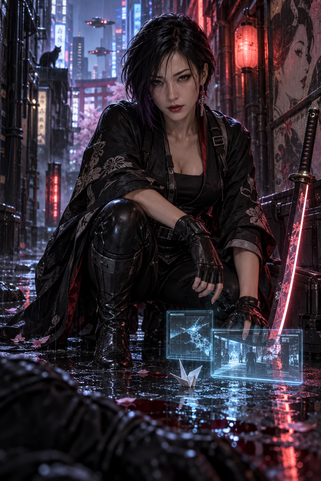 Rei, a magnetic adult cyberpunk ronin, holds a memory blade above future Tokyo's neon streets