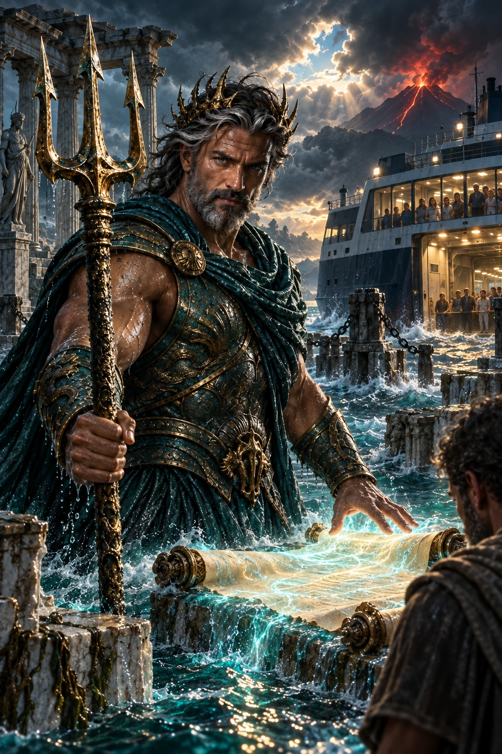 A bargain with the tide: Poseidon considers a mortal bargain as the volcano glows beyond the endangered ferry