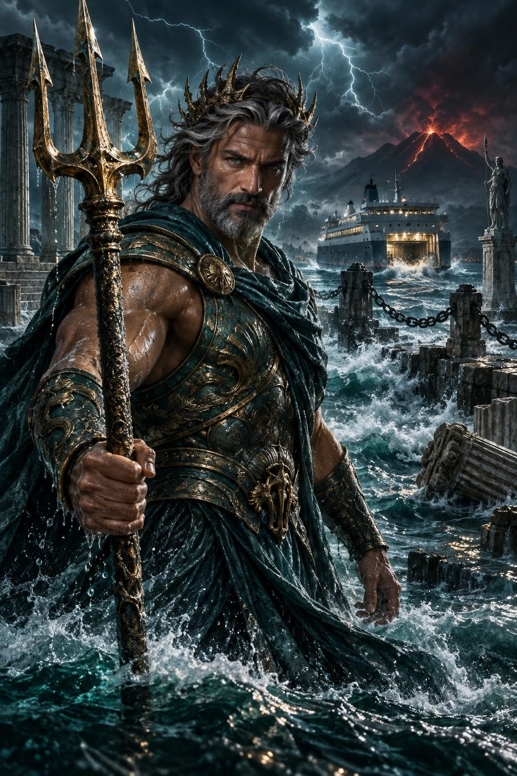 Poseidon rises with his bronze trident beside the last ferry on a storm-flooded marble pier