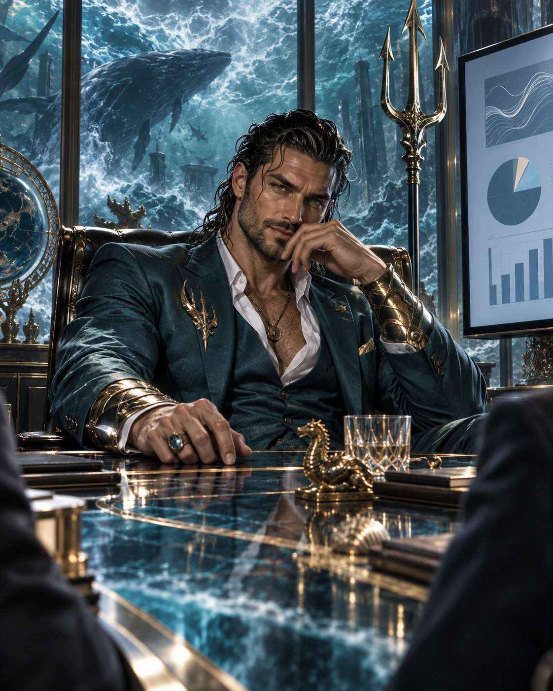 Poseidon, a charismatic adult sea god in modern teal tailoring, chairs a performance review beneath the ocean