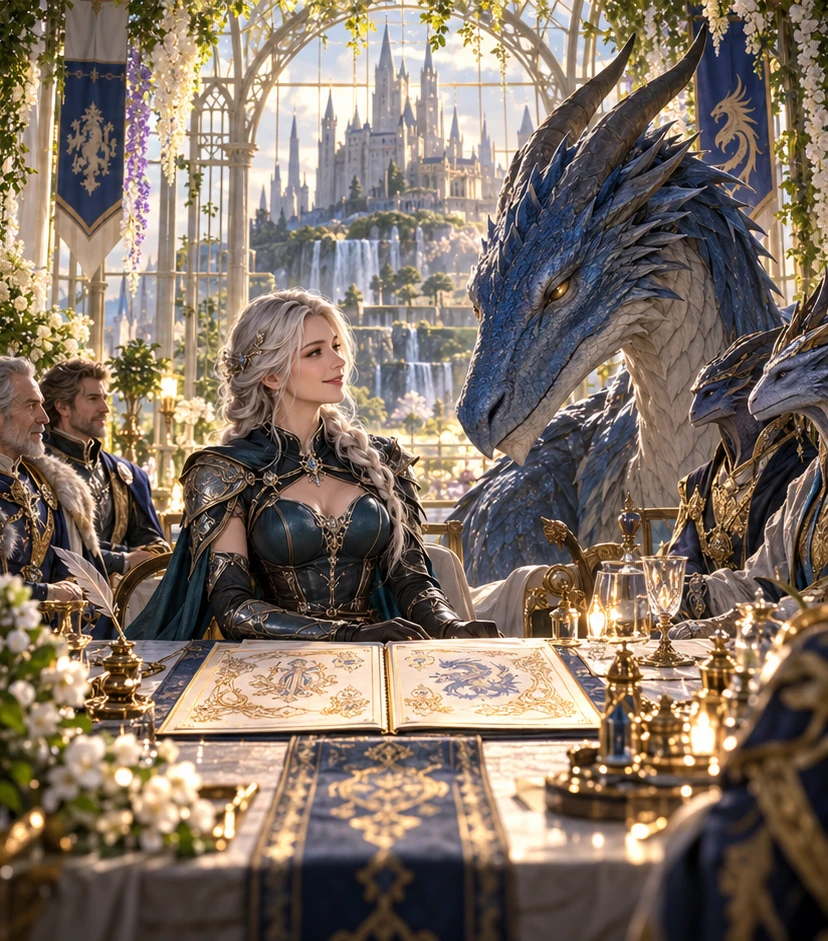 The word that started a war: Lyra sits beside the blue dragon at a radiant peace table before the castle glasshouse