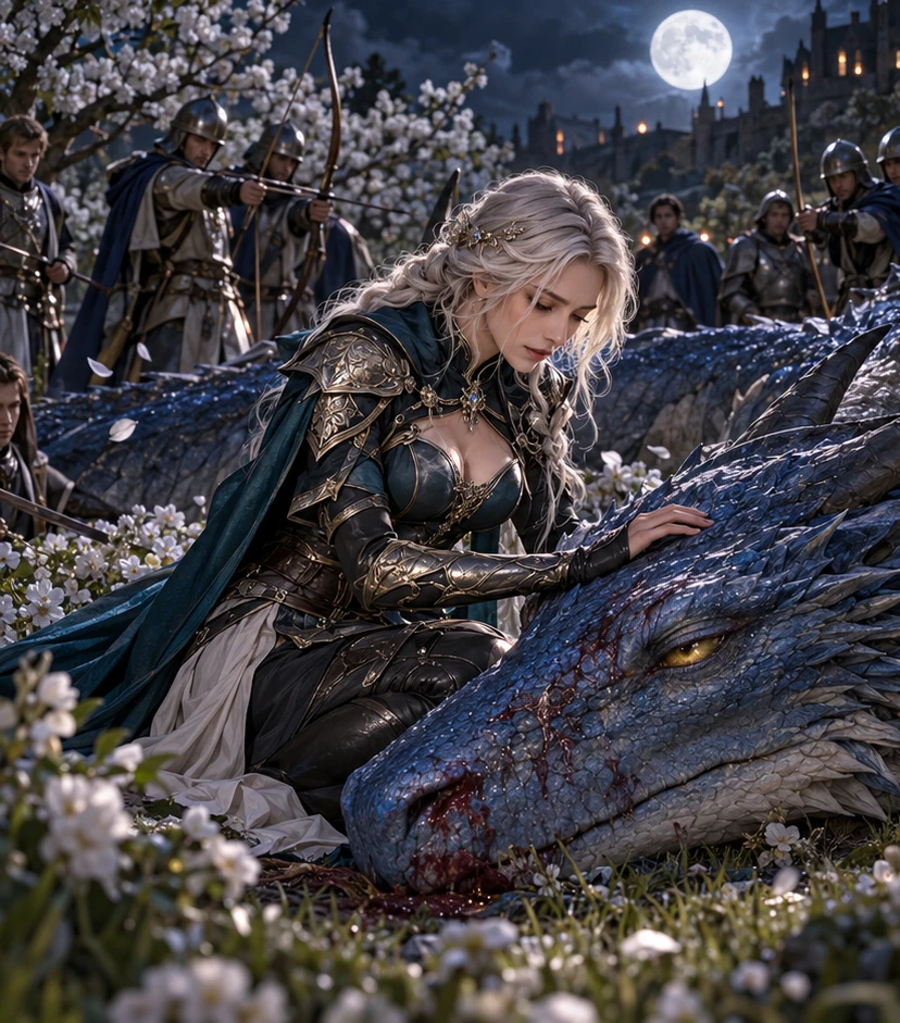 Lyra, a charismatic adult knight, protects a wounded blue dragon in a moonlit medieval orchard