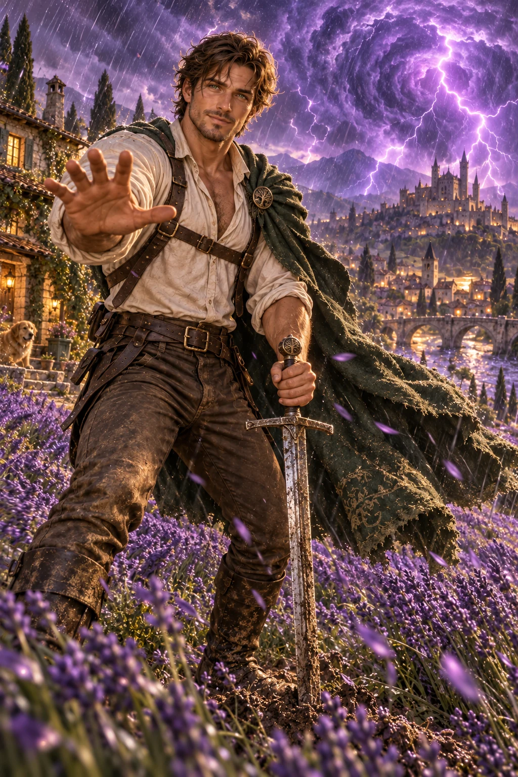 Rain made of magic: Rowan braces beside the lavender farm as a violet magical storm reaches the medieval village