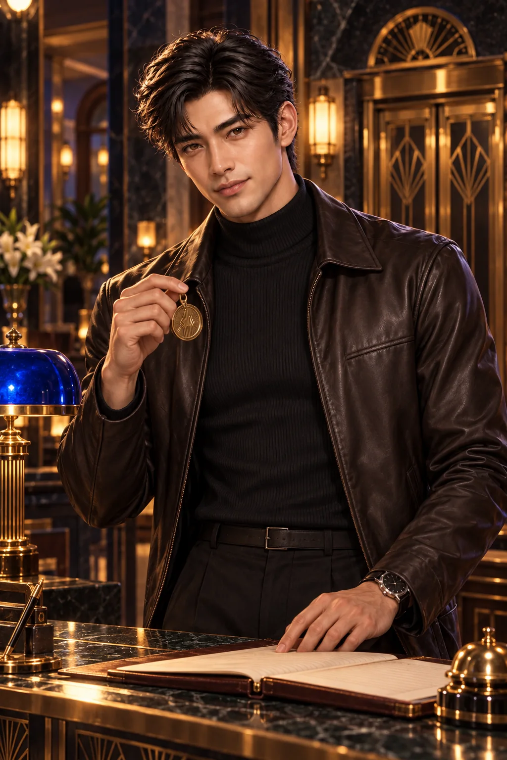 A room that stopped taking guests: Leo in a leather jacket and fitted black knit guards the impossible hotel key