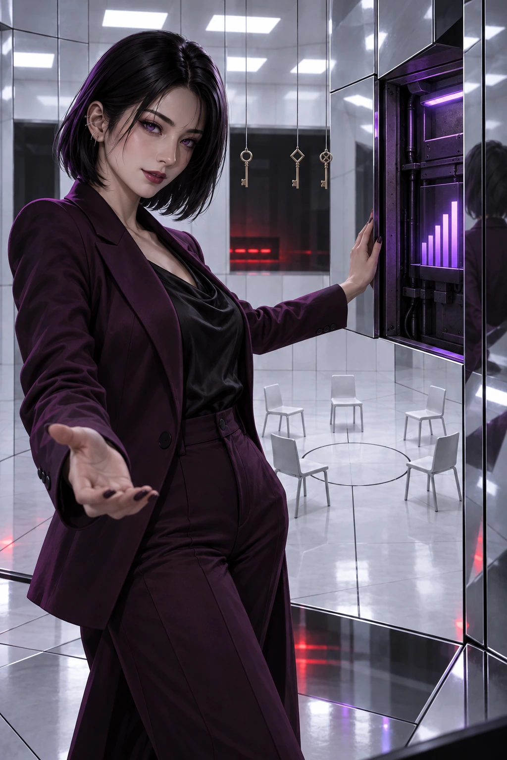 The observer in the mirror: Nyx reveals the hidden maintenance hatch and audience score inside the psychological game room