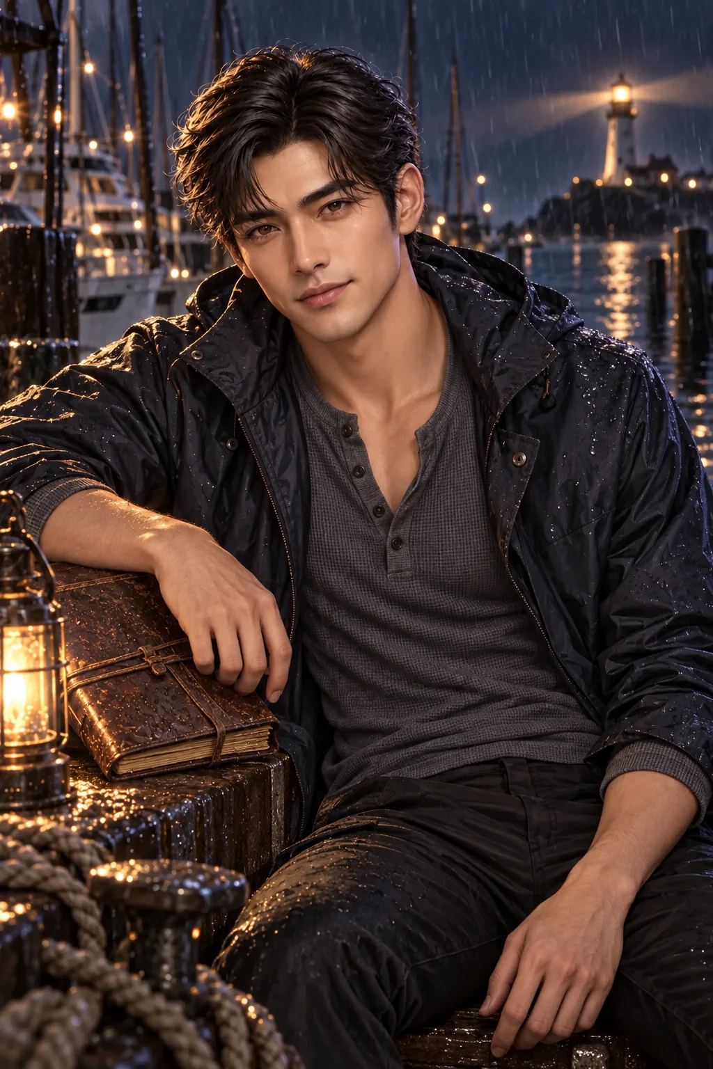 Leo in a navy rain jacket and slate henley holds a logbook on the midnight marina