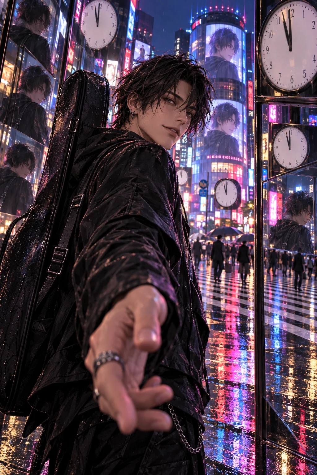 Akira, a charismatic adult musician, reaches through a neon Shibuya time loop at 11:59