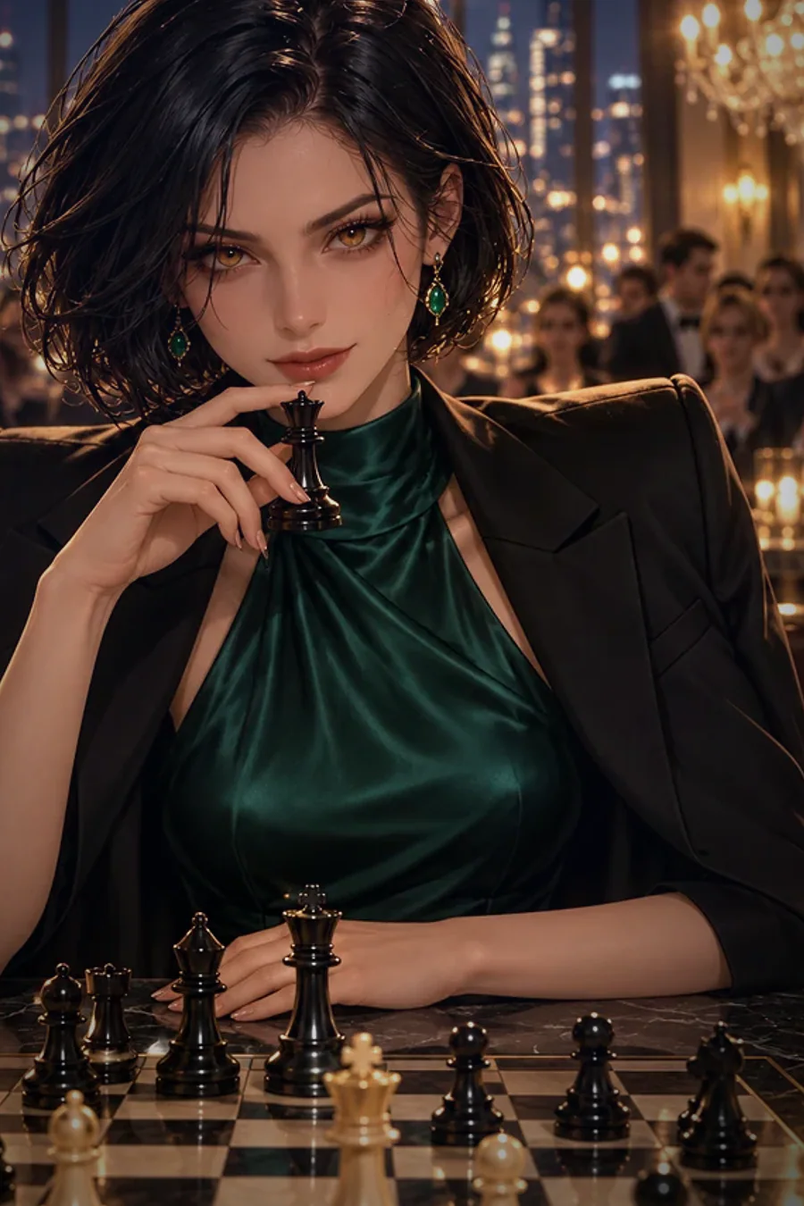 The grandmaster's favour: Celeste Voss, Valdora's chief negotiator, weighs her next move over a chessboard as midnight nears