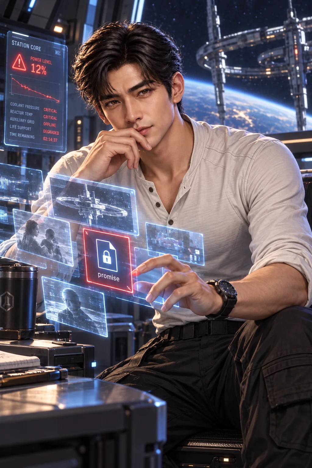 The dying core: Leo studies the android's memory logs in an ivory technical shirt
