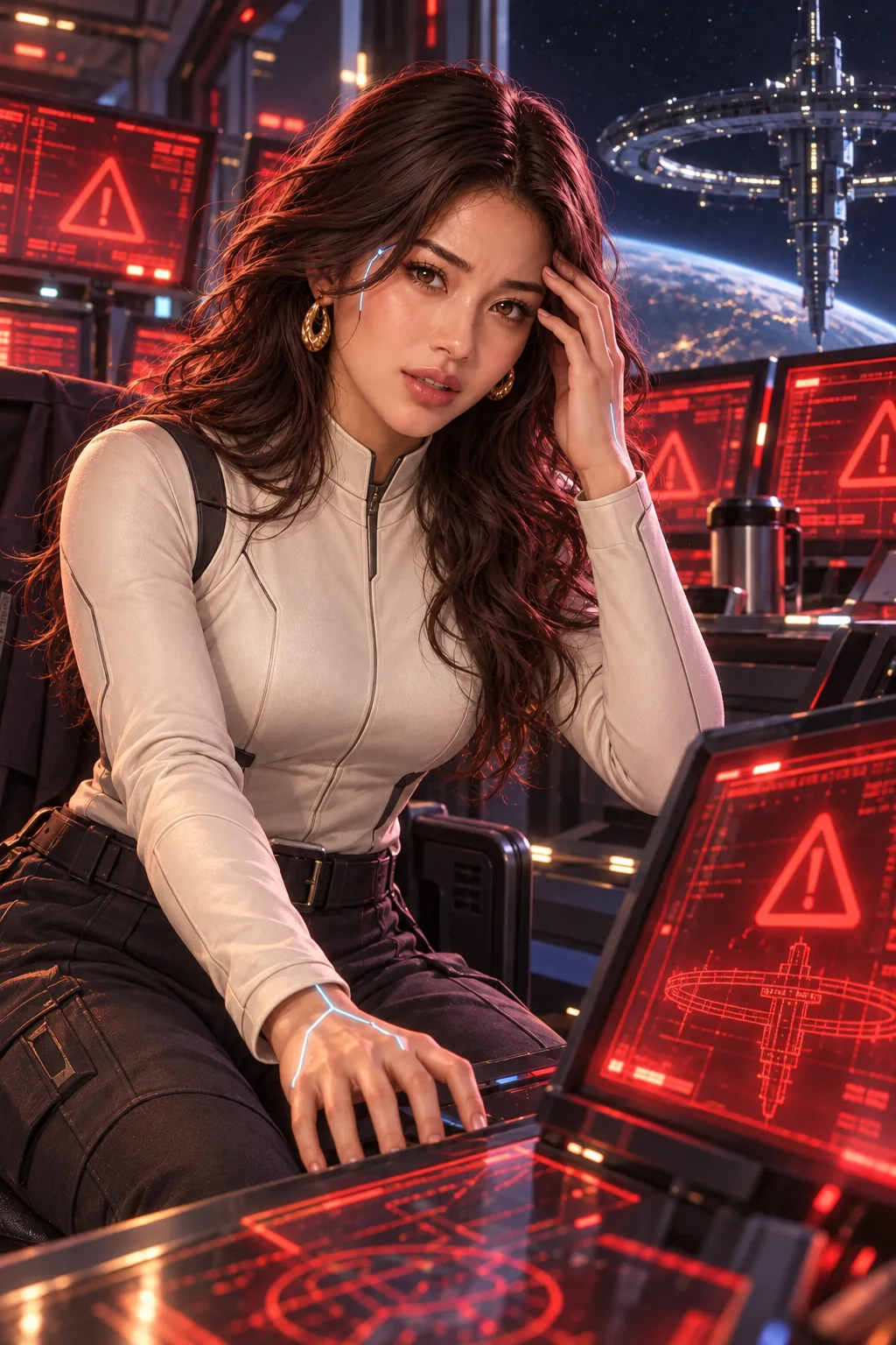 Mira, in an ivory blouse, leans over a space-station control desk lit by red warning screens