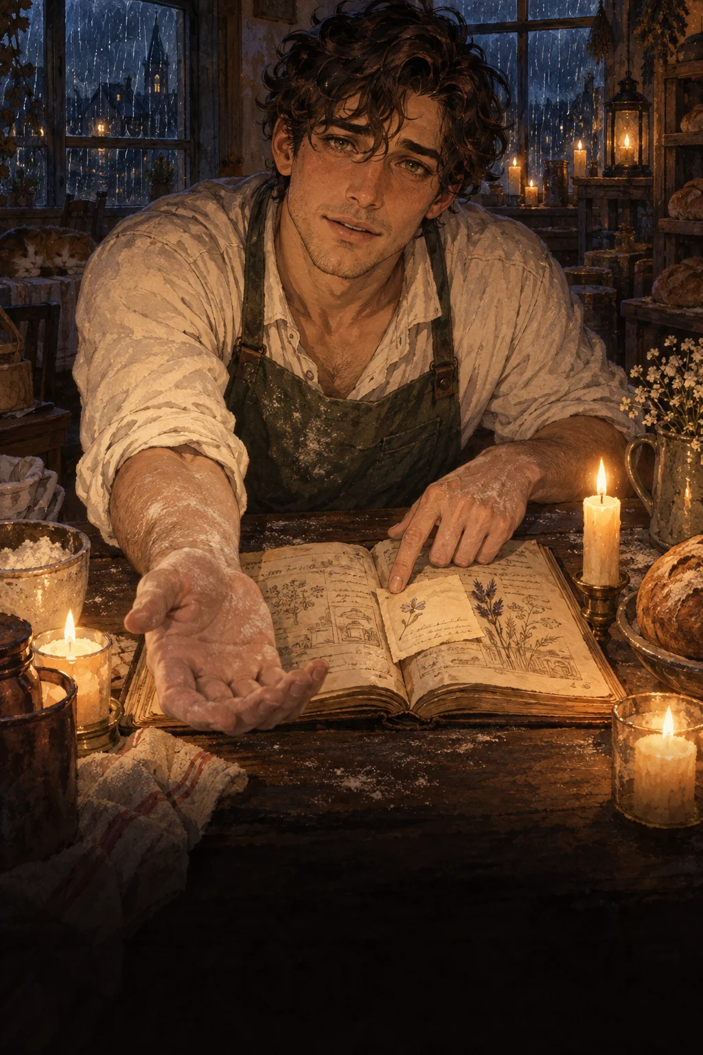 Candles and an old recipe: Theo and the learner find an old recipe by candlelight during a bakery power cut