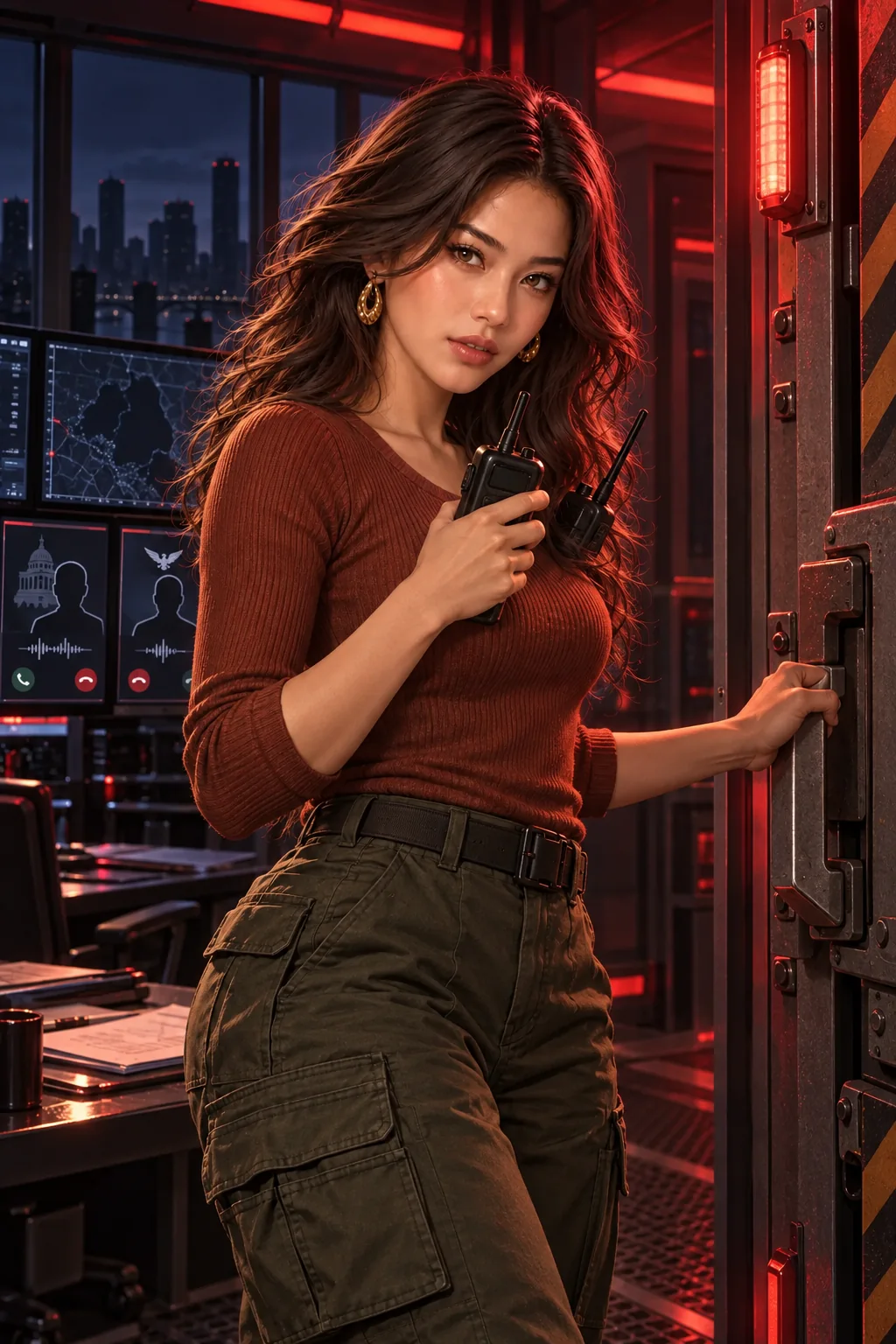 Sixty seconds into the dark: Mira takes an urgent call beside the sealed control-room door