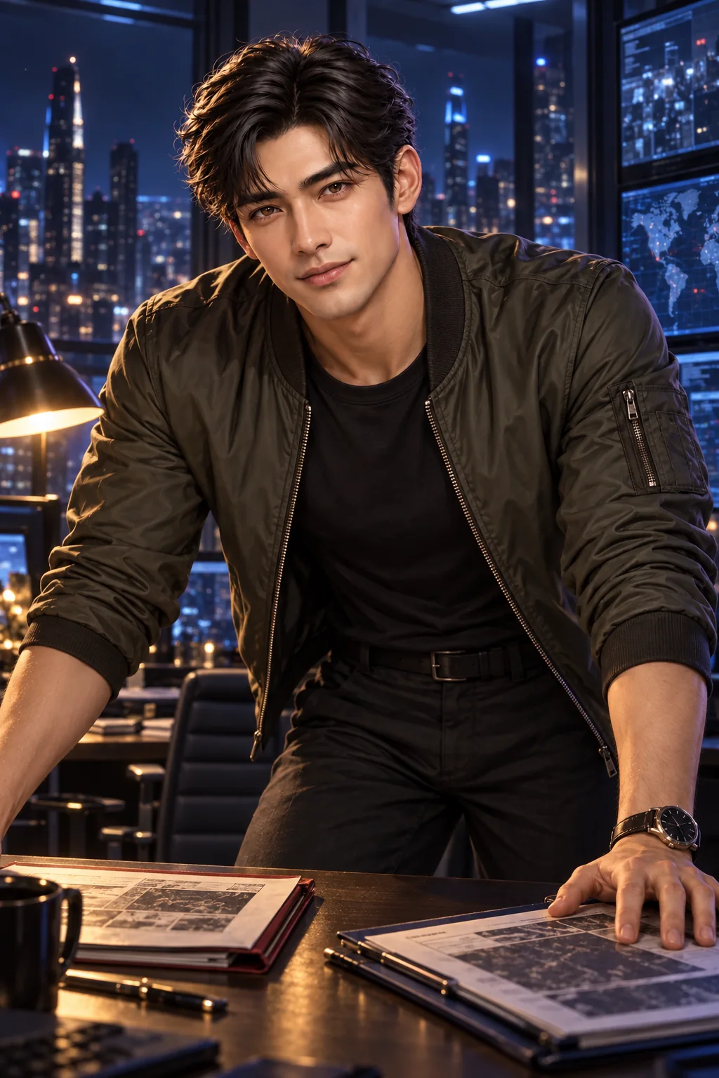 Leo in a black tee and olive bomber weighs conflicting orders in the control room