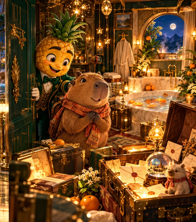 The door behind the oranges: Pip and the capybara guest discover the luminous lost-property room behind the hotel lobby