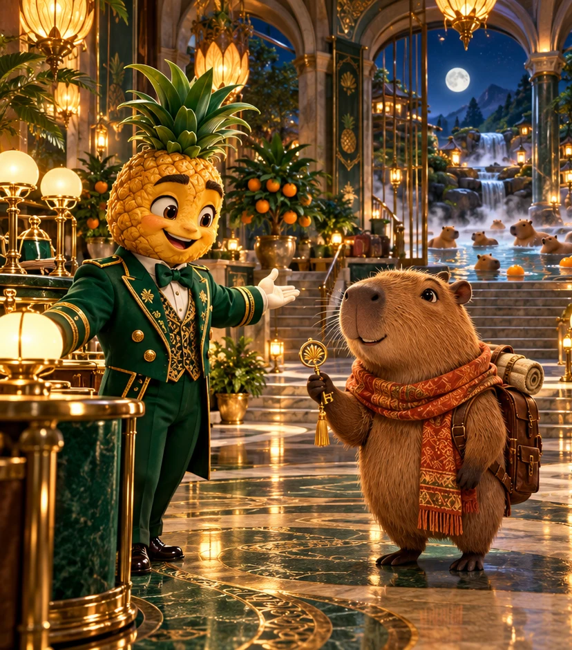 Pip welcomes an elegant capybara holding a golden key inside a magical grand hotel
