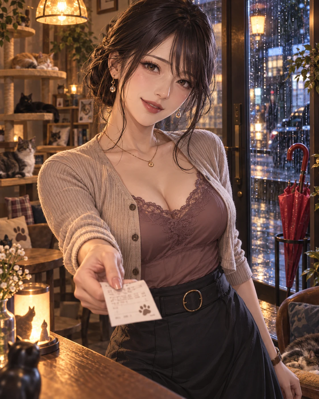 Yuna, a charismatic adult cat-café owner in a fitted taupe lace camisole and soft cardigan, offers a paw-print receipt beside the last red umbrella on a rainy Tokyo night