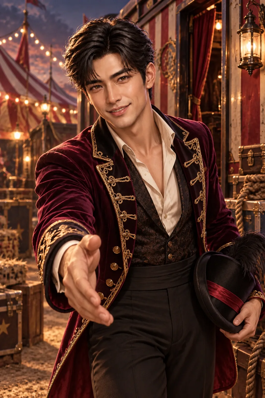 Meet the troupe: Leo welcomes you to the circus in a plum velvet ringmaster jacket
