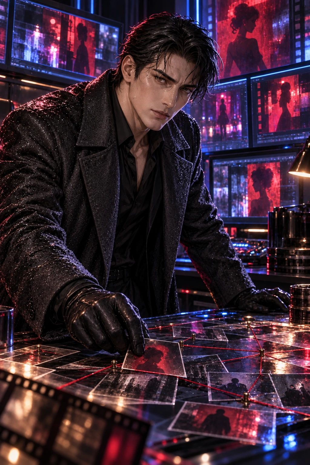 The confession assembled frame by frame: Kael reconstructs the manipulated memory on screens inside a neon film editing suite