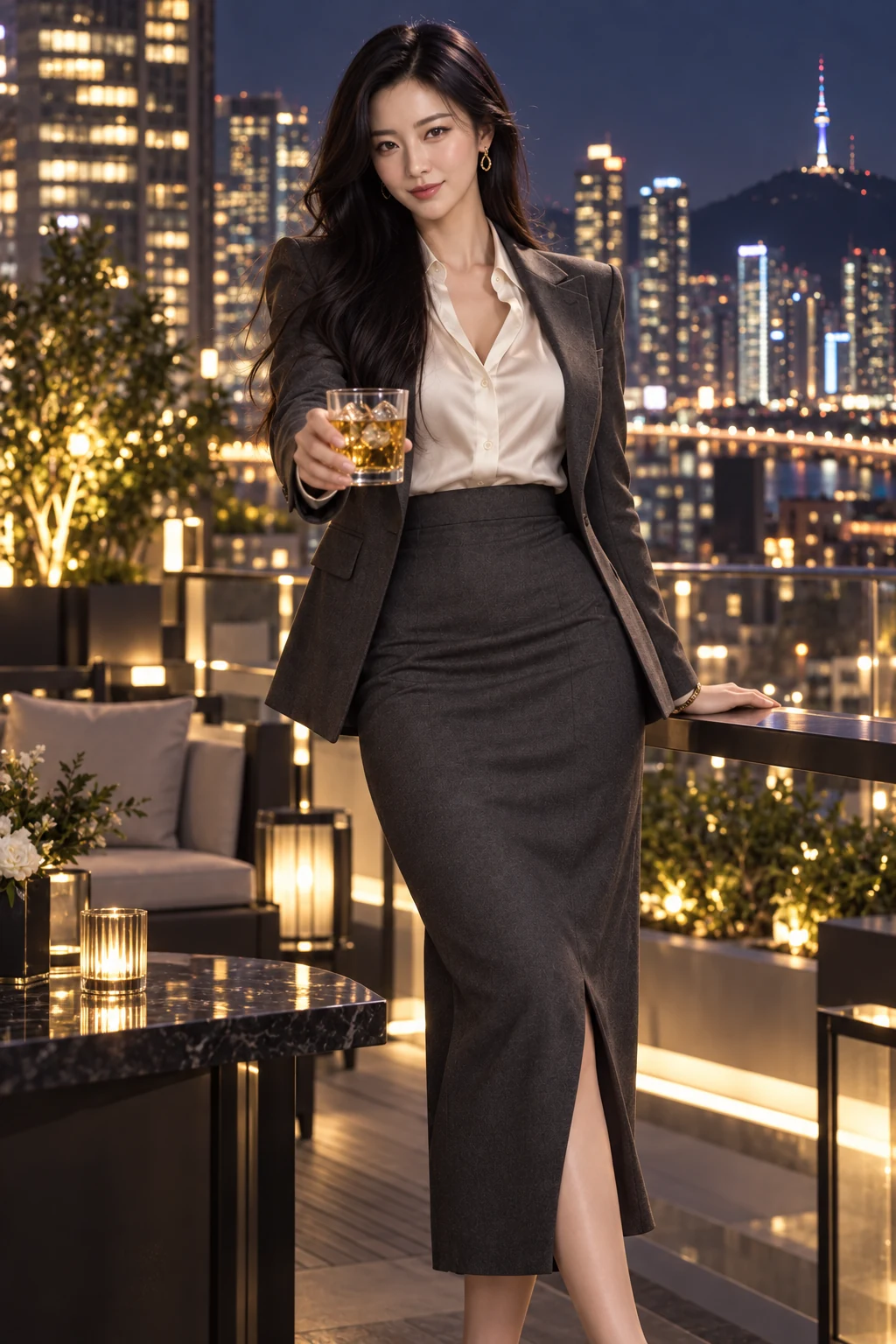 The city below: Ji-won offers a cold drink on a Seoul office rooftop after the late strategy session