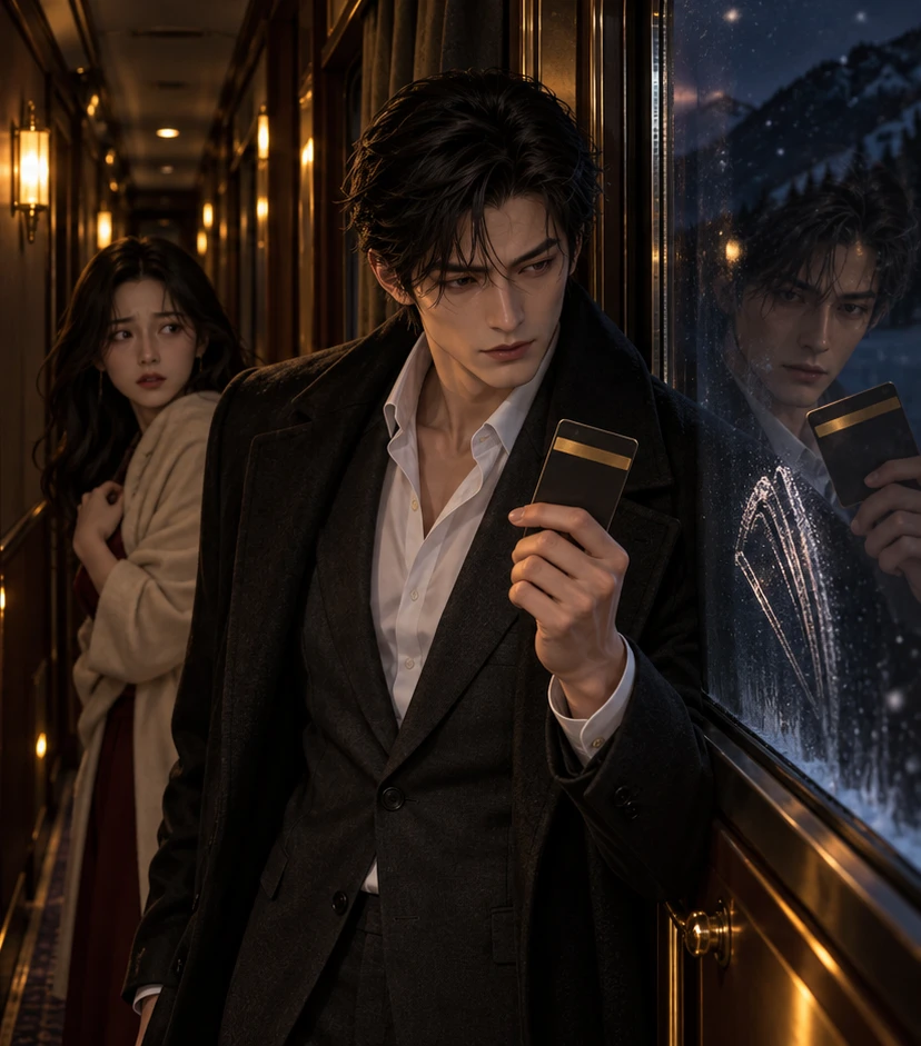 The reflection in the window: Jin studies a keycard reflection while protecting a witness in the sleeper-train corridor