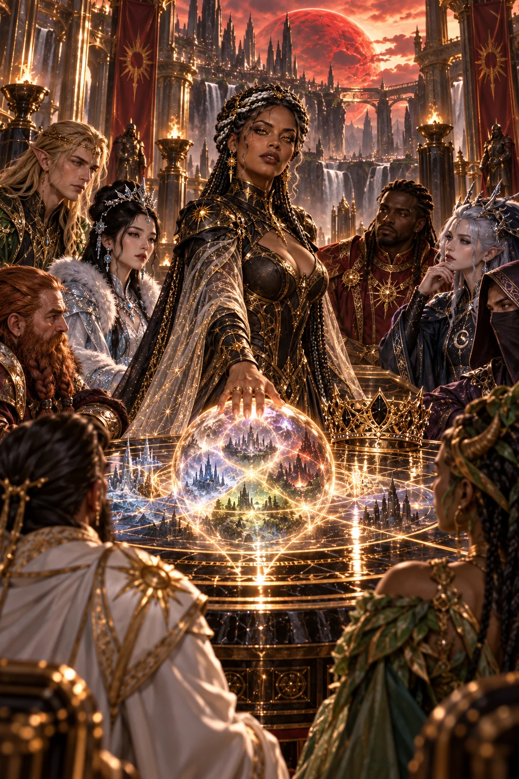 Seven kingdoms, one fading hour: Vesper faces seven magical kingdoms around a radiant council table beneath the failing sun