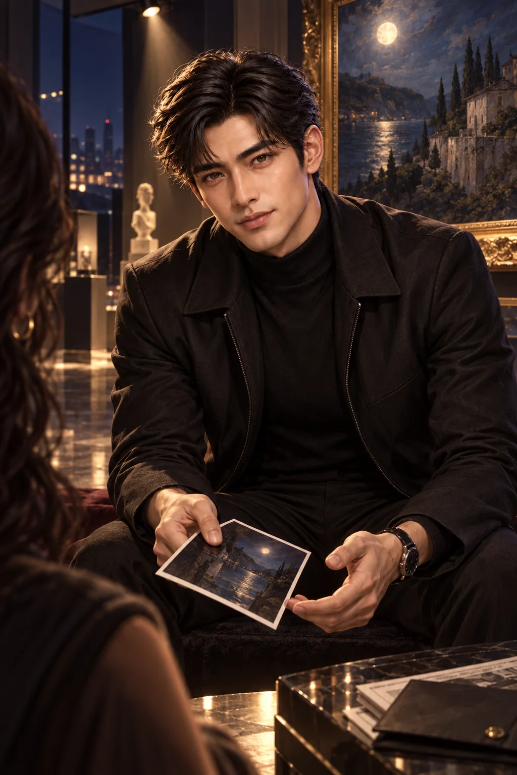 The partner's motive: Leo shares the reason for the heist beside the moonlit gallery painting